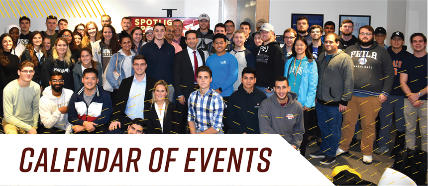 Banner text: Calendar of Events. Image shows large group of students and a guest speaker standing together