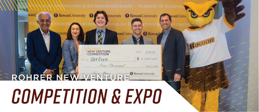 Banner text: New Venture Competition & Expo. Image shows first place winners, judges and the Rowan Prof at the competition.