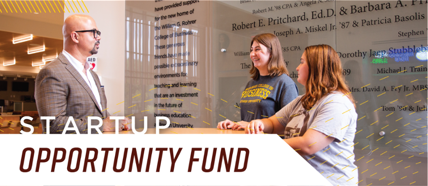 Banner text: Opportunity Fund. Image shows two students and a faculty member standing at a table