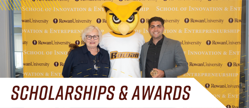 Banner text: Scholarships & Awards. Image shows the Rowan Prof, Linda Ross (Professor Emeritus) and a student.