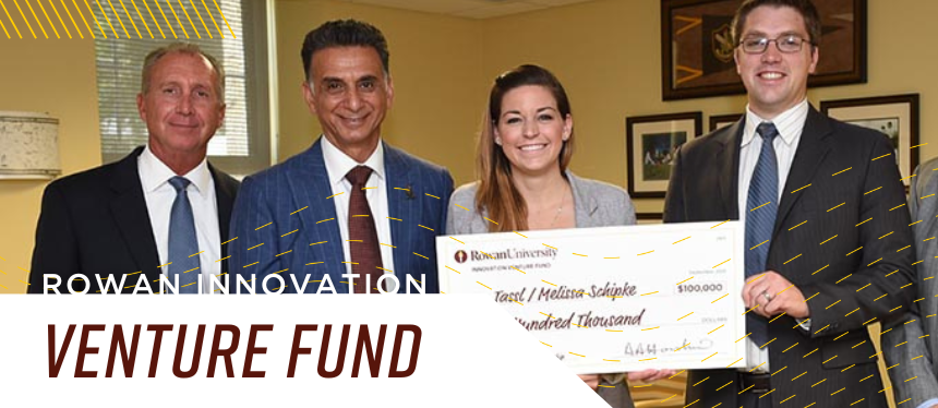 Banner text: Rowan Innovation Venture Fund (RIVF). Image shows members of the RIVF board and a student holding a presentation check for their business. 